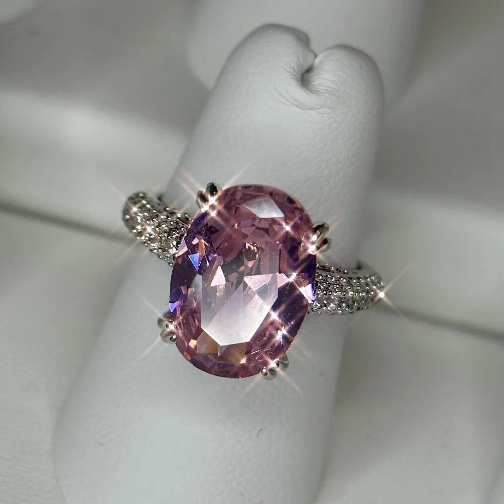 Pink Solitaire Gemstone Ring w/ Clear Accents Silver Plated Engagement size 7 - Picture 1 of 11
